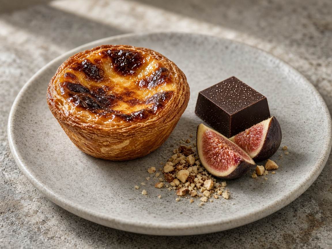 Pastel de nata, chocolate e figo na sobremesa