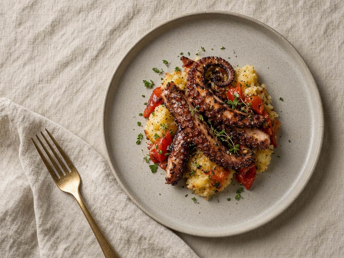 Polvo grelhado com batata e pimento no prato da casa