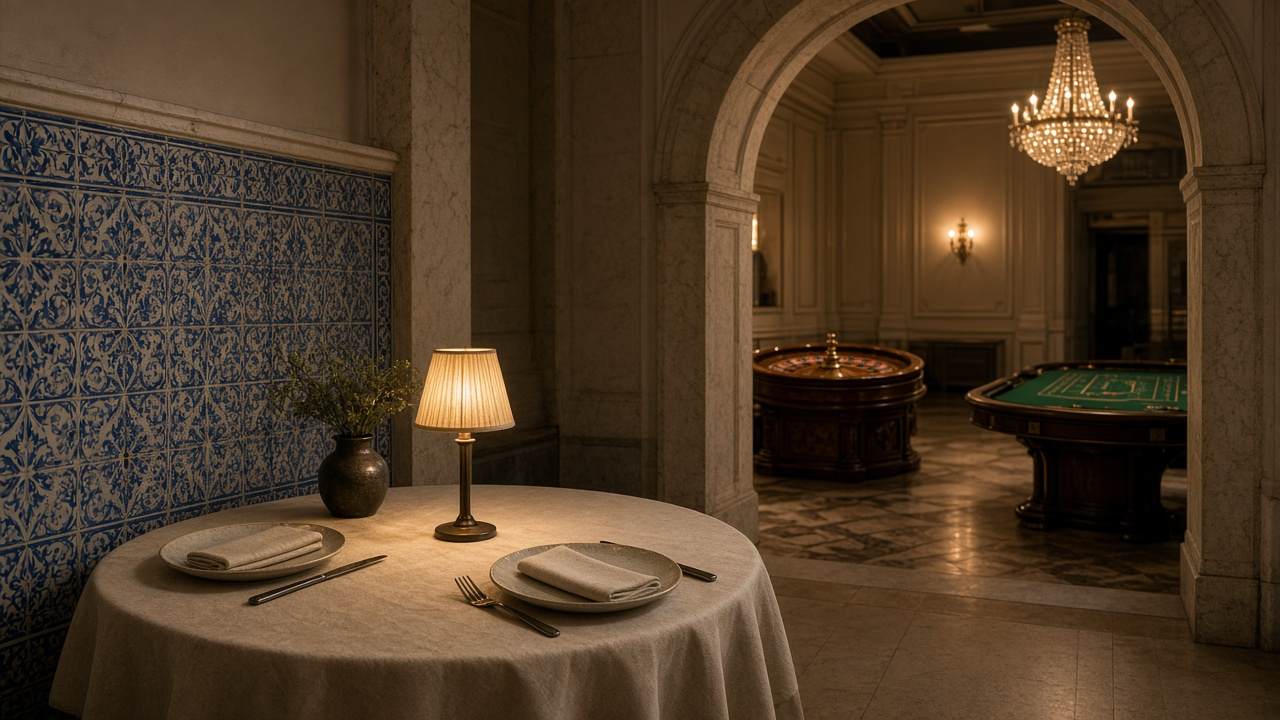 Sala de jantar com azulejos e, ao fundo, a roleta e a mesa de jogo da UrubanaLisbon