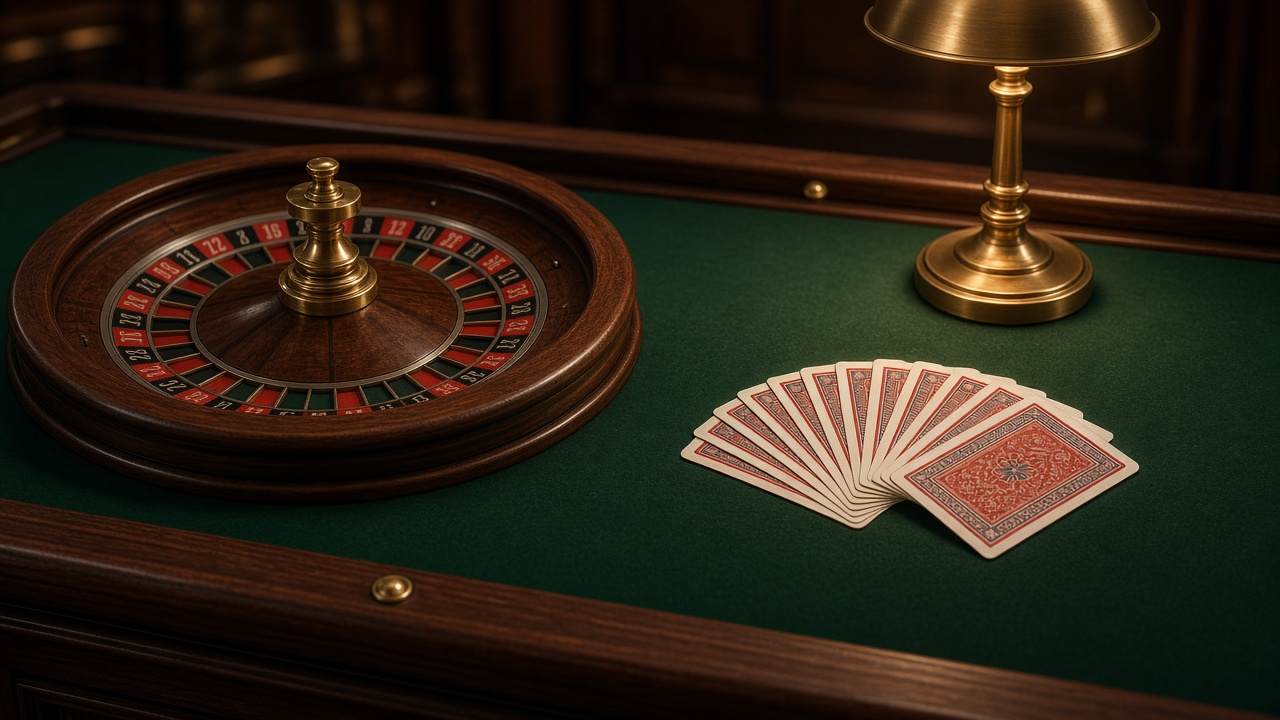 Roda de roleta e cartas sobre o pano verde do salão